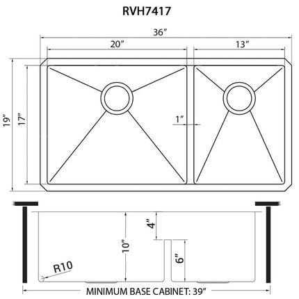 Ruvati 36-inch Low-Divide Undermount 60/40 Double Bowl 16 Gauge Stainless Steel Kitchen Sink - RVH7417 Ruvati