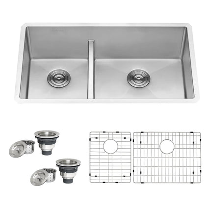 Ruvati 33-inch Low-Divide Undermount 40/60 Double Bowl 16 Gauge Rounded Corners Stainless Steel Kitchen Sink - RVH7418 Ruvati
