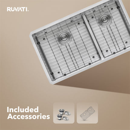 Ruvati 33-inch Low-Divide Undermount 60/40 Double Bowl 16 Gauge Rounded Corners Stainless Steel Kitchen Sink - RVH7419 Ruvati