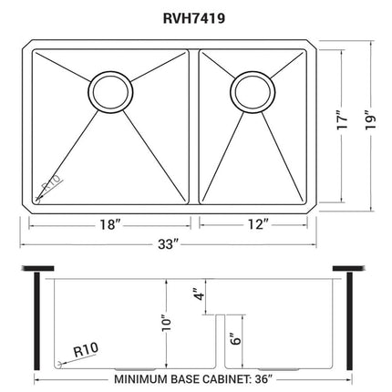 Ruvati 33-inch Low-Divide Undermount 60/40 Double Bowl 16 Gauge Rounded Corners Stainless Steel Kitchen Sink - RVH7419 Ruvati