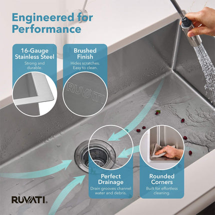 Ruvati 35-inch Undermount 16 Gauge Rounded Corners Large Kitchen Sink Stainless Steel Single Bowl - RVH7466 Ruvati