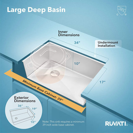 Ruvati 36-inch Slope Bottom Offset Drain Reversible Kitchen Sink Undermount 16 Gauge Stainless Steel - RVH7497 Ruvati