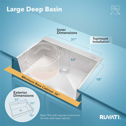 Ruvati 33 x 22 Drop-in Topmount 16 Gauge Zero Radius Stainless Steel Kitchen Sink Single Bowl - 1 hole - RVH8000 Ruvati