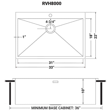 Ruvati 33 x 22 Drop-in Topmount 16 Gauge Zero Radius Stainless Steel Kitchen Sink Single Bowl - 1 hole - RVH8000 Ruvati