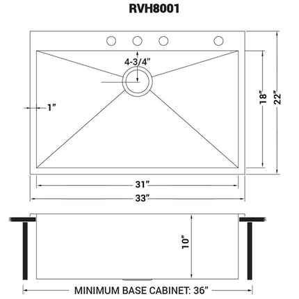 Ruvati 33 x 22 inch Drop-in Topmount 16 Gauge Zero Radius Stainless Steel Kitchen Sink Single Bowl - 4 holes - RVH8001 Ruvati