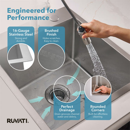 Ruvati 18 x 20 inch Drop-in Topmount Rounded 16 Gauge Stainless Steel Kitchen Sink Single Bowl - RVH8006 Ruvati