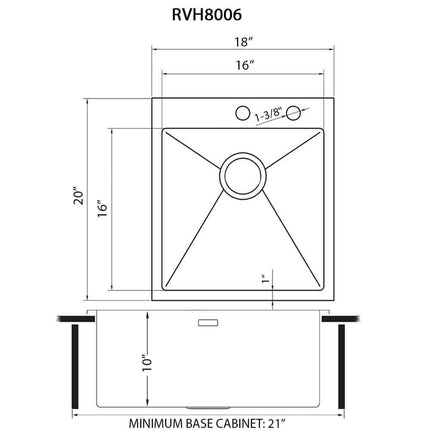 Ruvati 18 x 20 inch Drop-in Topmount Rounded 16 Gauge Stainless Steel Kitchen Sink Single Bowl - RVH8006 Ruvati