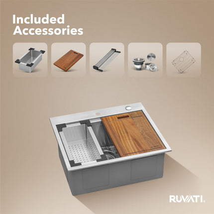Ruvati 25 x 22 inch Workstation Drop-in Topmount 16 Gauge Stainless Steel Rounded Corners Ledge Kitchen Sink Single Bowl - RVH8023 Ruvati