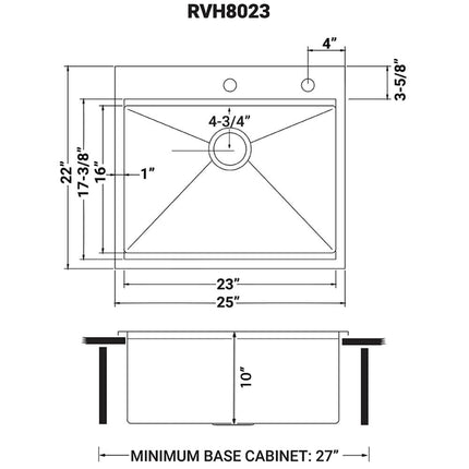 Ruvati 25 x 22 inch Workstation Drop-in Topmount 16 Gauge Stainless Steel Rounded Corners Ledge Kitchen Sink Single Bowl - RVH8023 Ruvati