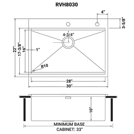 Ruvati 30 x 22 inch Workstation Drop-in Topmount Rounded Corners 16 Gauge Ledge Stainless Steel Kitchen Sink Single Bowl - RVH8030 Ruvati