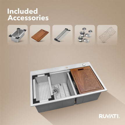 Ruvati 33 x 22 inch Workstation Drop-in 60/40 Double Bowl Topmount Rounded Corners 16 Gauge Stainless Steel Ledge Kitchen Sink - RVH8035 Ruvati