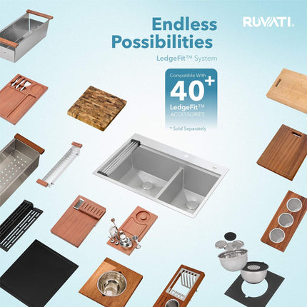 Ruvati 33 x 22 inch Workstation Drop-in 60/40 Double Bowl Topmount Rounded Corners 16 Gauge Stainless Steel Ledge Kitchen Sink - RVH8035 Ruvati