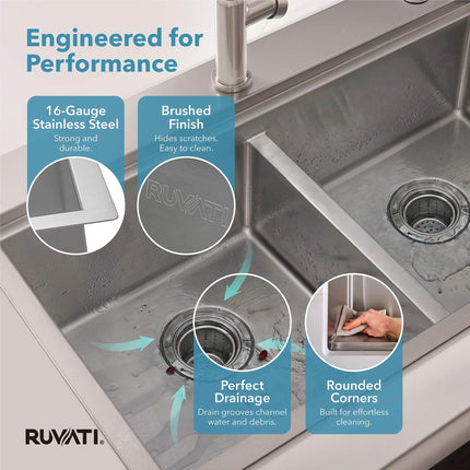 Ruvati 33 x 22 inch Workstation Drop-in 60/40 Double Bowl Topmount Rounded Corners 16 Gauge Stainless Steel Ledge Kitchen Sink - RVH8035 Ruvati