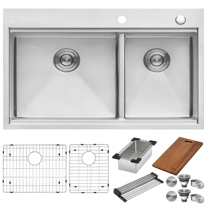 Ruvati 33 x 22 inch Workstation Drop-in 60/40 Double Bowl Topmount Rounded Corners 16 Gauge Stainless Steel Ledge Kitchen Sink - RVH8035 Ruvati