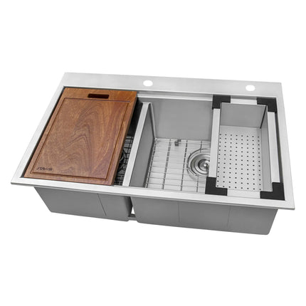 Ruvati 33 x 22 inch Workstation Drop-in 40/60 Double Bowl Topmount Rounded Corners Kitchen Sink - RVH8036 Ruvati