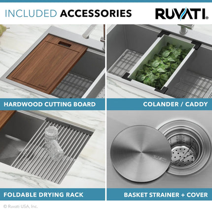 Ruvati 33 x 22 inch Workstation Drop-in 40/60 Double Bowl Topmount Rounded Corners Kitchen Sink - RVH8036 Ruvati