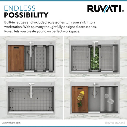 Ruvati 33 x 22 inch Workstation Drop-in 40/60 Double Bowl Topmount Rounded Corners Kitchen Sink - RVH8036 Ruvati