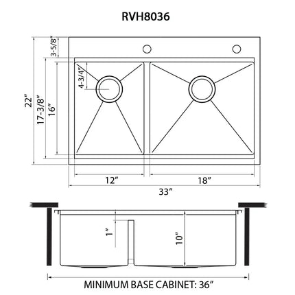 Ruvati 33 x 22 inch Workstation Drop-in 40/60 Double Bowl Topmount Rounded Corners Kitchen Sink - RVH8036 Ruvati
