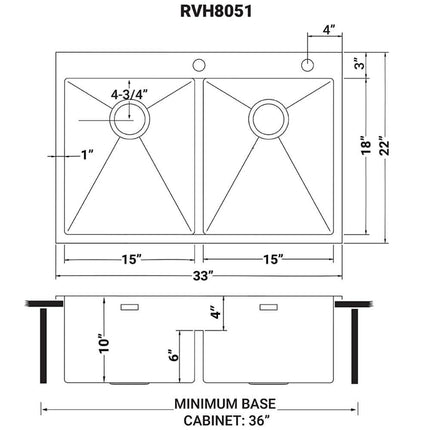 Ruvati 33 x 22 inch Drop-in 50/50 Double Bowl Rounded Corners 16 Gauge Topmount Stainless Steel Kitchen Sink - RVH8051 Ruvati
