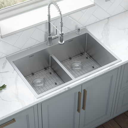 Ruvati 33 x 22 inch Drop-in 50/50 Double Bowl Rounded Corners 16 Gauge Topmount Stainless Steel Kitchen Sink - RVH8051 Ruvati