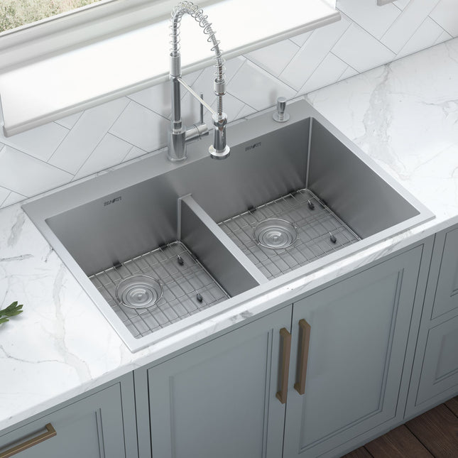 Ruvati 33 x 22 inch Drop-in 50/50 Double Bowl Rounded Corners 16 Gauge Topmount Stainless Steel Kitchen Sink - RVH8051 Ruvati
