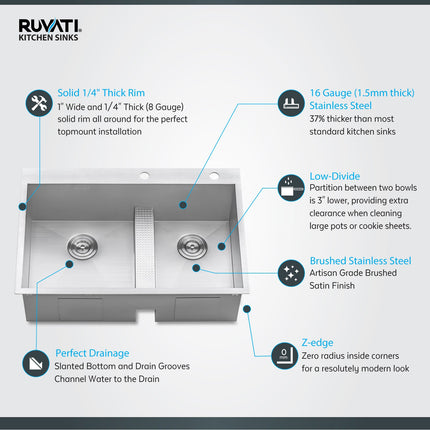 Ruvati 33-inch Drop-in Low Platform-Divide Zero Radius 60/40 Double Bowl 16 Gauge Topmount Kitchen Sink - RVH8059 Ruvati