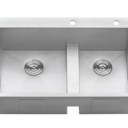 Ruvati 33-inch Drop-in Low Platform-Divide Zero Radius 60/40 Double Bowl 16 Gauge Topmount Kitchen Sink - RVH8059 Ruvati