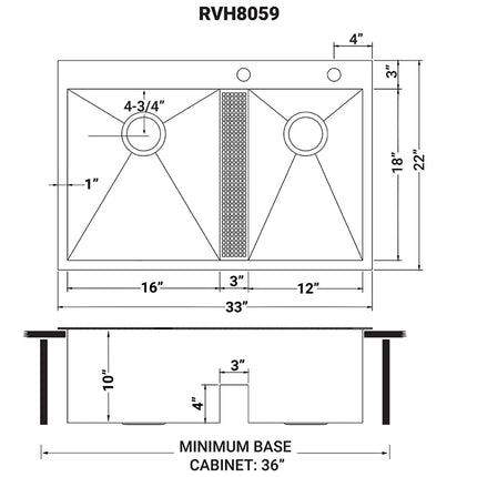 Ruvati 33-inch Drop-in Low Platform-Divide Zero Radius 60/40 Double Bowl 16 Gauge Topmount Kitchen Sink - RVH8059 Ruvati