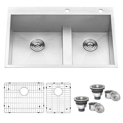 Ruvati 33-inch Drop-in Low Platform-Divide Zero Radius 60/40 Double Bowl 16 Gauge Topmount Kitchen Sink - RVH8059 Ruvati