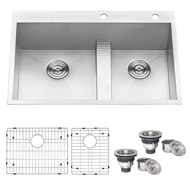 Ruvati 33-inch Drop-in Low Platform-Divide Zero Radius 60/40 Double Bowl 16 Gauge Topmount Kitchen Sink - RVH8059 Ruvati