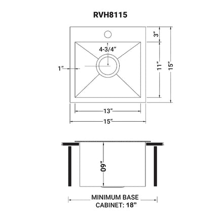 Ruvati 15 x 15 inch Drop-in Topmount Bar Prep Sink 16 Gauge Stainless Steel Single Bowl - RVH8115 Ruvati