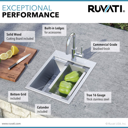 Ruvati 15 x 20 inch Workstation Drop-in Topmount Bar Prep RV Sink 16 Gauge Stainless Steel - RVH8210 Ruvati