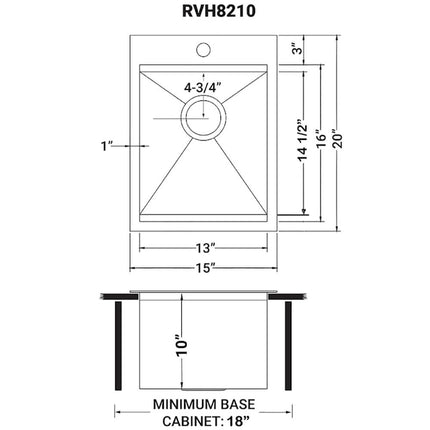 Ruvati 15 x 20 inch Workstation Drop-in Topmount Bar Prep RV Sink 16 Gauge Stainless Steel - RVH8210 Ruvati