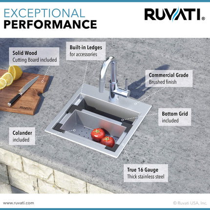 Ruvati 15 x 15 inch Workstation Drop-in Topmount Bar Prep RV Sink 16 Gauge Stainless Steel - RVH8215 Ruvati