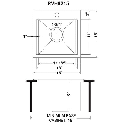Ruvati 15 x 15 inch Workstation Drop-in Topmount Bar Prep RV Sink 16 Gauge Stainless Steel - RVH8215 Ruvati