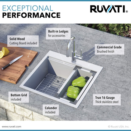 Ruvati 21 x 20 inch RV Workstation Drop-in Topmount Bar Prep Kitchen Sink 16 Gauge Stainless Steel - RVH8221 Ruvati