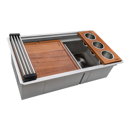 Ruvati 33-inch Workstation Dual Tier Double Bowl Low Divide Undermount 16 Gauge Stainless Steel Kitchen Sink - RVH8255 Ruvati