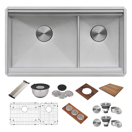 Ruvati 33-inch Workstation Dual Tier Double Bowl Low Divide Undermount 16 Gauge Stainless Steel Kitchen Sink - RVH8255 Ruvati