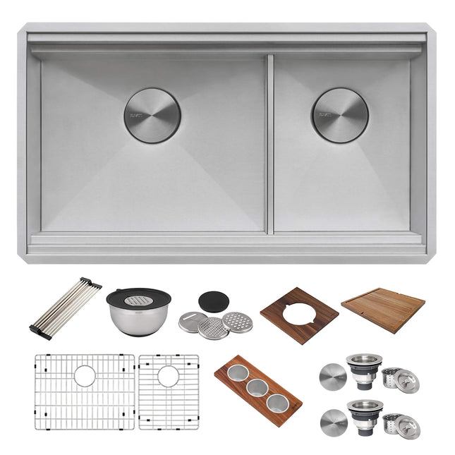 Ruvati 33-inch Workstation Dual Tier Double Bowl Low Divide Undermount 16 Gauge Stainless Steel Kitchen Sink - RVH8255 Ruvati