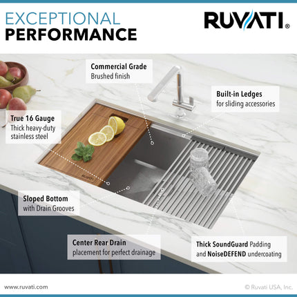 Ruvati 32-inch Workstation Ledge Undermount 16 Gauge Stainless Steel Kitchen Sink Single Bowl - RVH8300 Ruvati