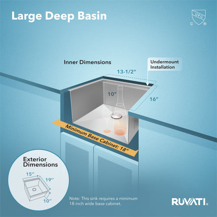 Ruvati 15" Workstation Bar Prep Sink Ledge Undermount 16 Gauge Stainless Steel Single Bowl - RVH8304 Ruvati