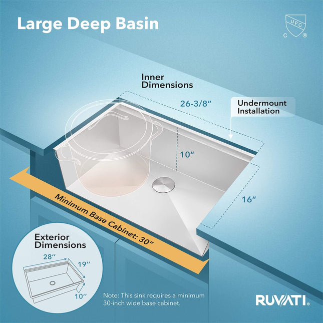 Ruvati 28-inch Workstation Ledge Undermount 16 Gauge Stainless Steel Kitchen Sink Single Bowl - RVH8309 Ruvati