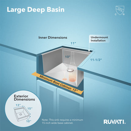 Ruvati 13 inch Workstation Bar Prep Sink with Cover Undermount 16 Gauge Stainless Steel Single Bowl - RVH8316 Ruvati