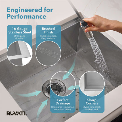 Ruvati 18 x 19 inch Workstation Bar Prep Sink Undermount 16 Gauge Ledge Stainless Steel Single Bowl - RVH8319 Ruvati