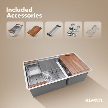 Ruvati 28-inch Workstation Sink 60/40 Double Bowl Undermount Low Divide 16 Gauge Stainless Steel - RVH8341 Ruvati
