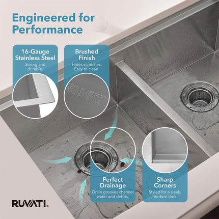 Ruvati 28-inch Workstation Sink 60/40 Double Bowl Undermount Low Divide 16 Gauge Stainless Steel - RVH8341 Ruvati