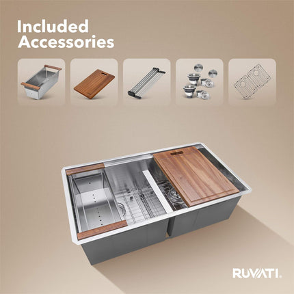 Ruvati 30-inch Workstation Ledge 50/50 Double Bowl Undermount 16 Gauge Stainless Steel Kitchen Sink - RVH8345 Ruvati