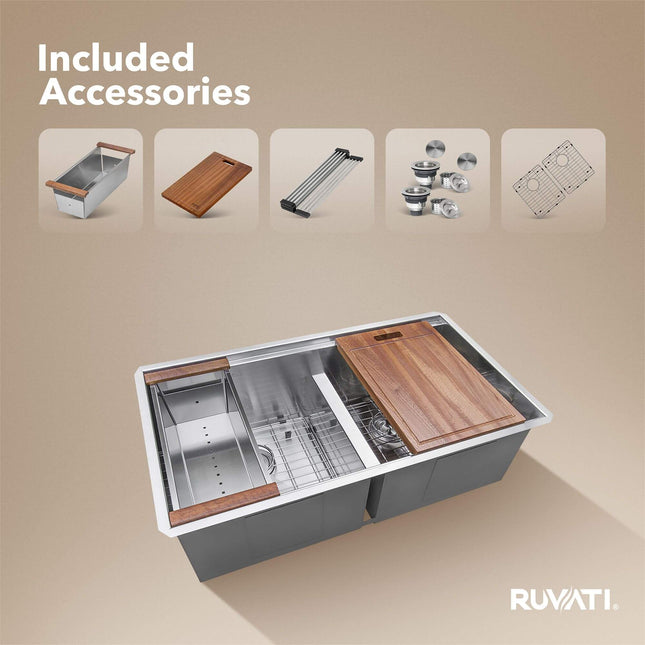 Ruvati 30-inch Workstation Ledge 50/50 Double Bowl Undermount 16 Gauge Stainless Steel Kitchen Sink - RVH8345 Ruvati