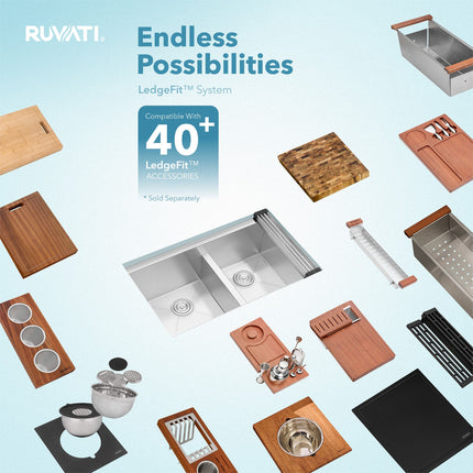 Ruvati 30-inch Workstation Ledge 50/50 Double Bowl Undermount 16 Gauge Stainless Steel Kitchen Sink - RVH8345 Ruvati