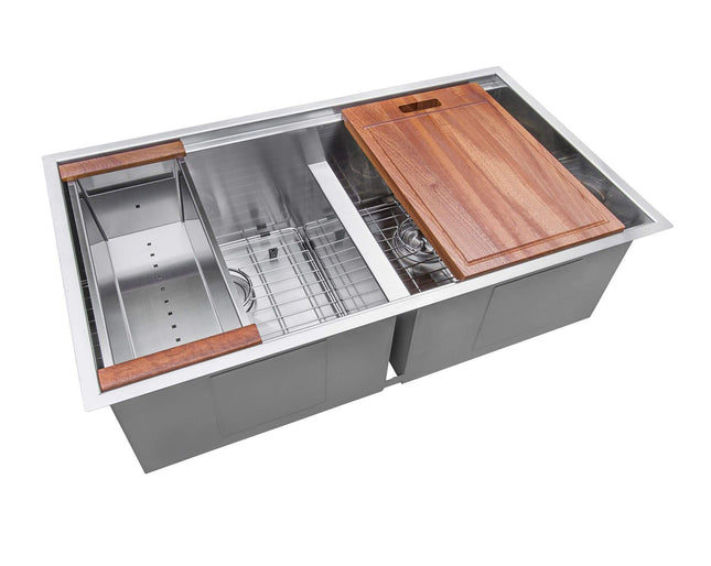 Ruvati 33-inch Workstation Ledge 50/50 Double Bowl Undermount 16 Gauge Stainless Steel Kitchen Sink - RVH8350 Ruvati